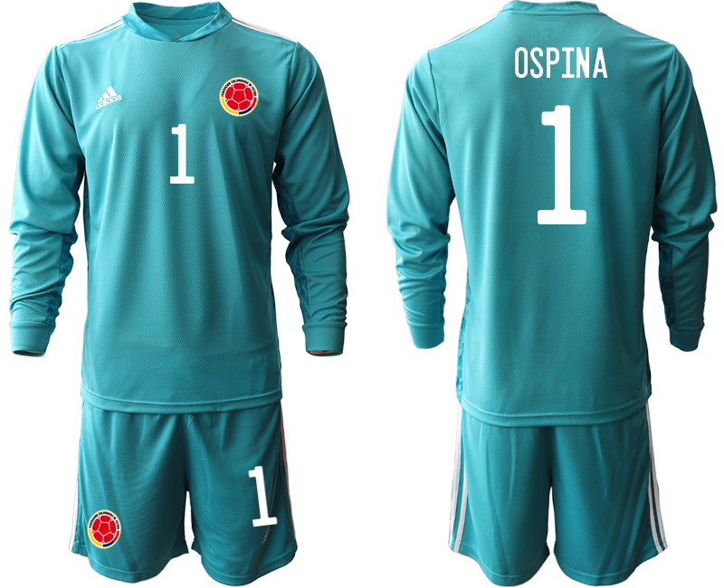 Men 2020-2021 Season National team Colombia goalkeeper Long sleeve blue #1 Soccer Jersey